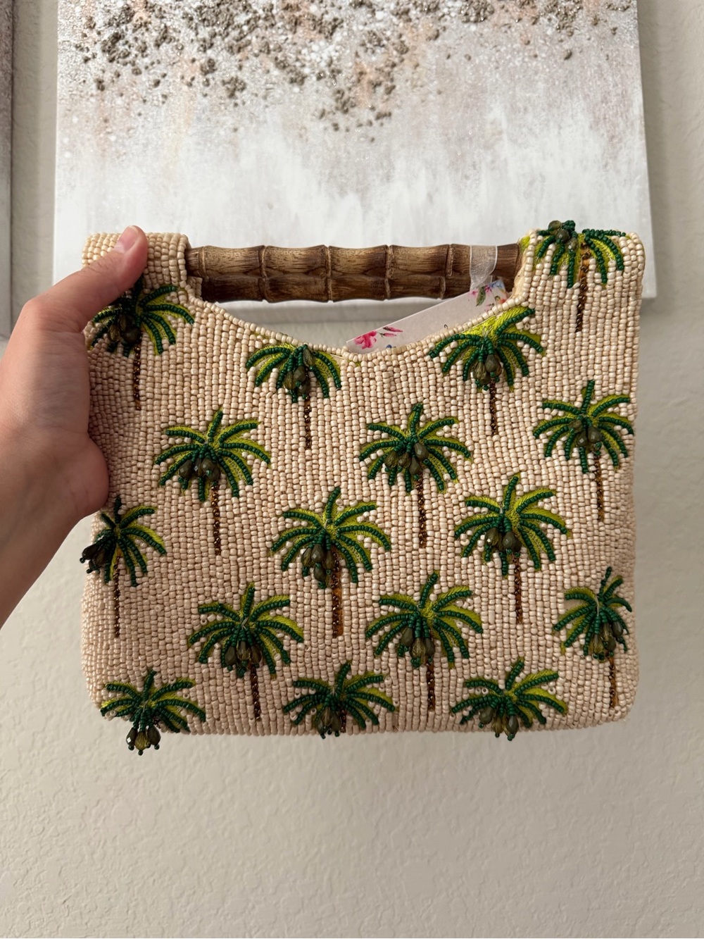 Viral Palm Tree Beaded Clutch Bag with Bamboo Handles NWT
